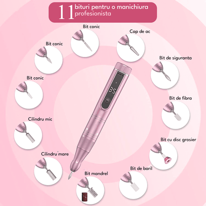 Freză unghii profesională wireless, 35.000 RPM, 11 capete, 6 benzi de șlefuire, roz deschis