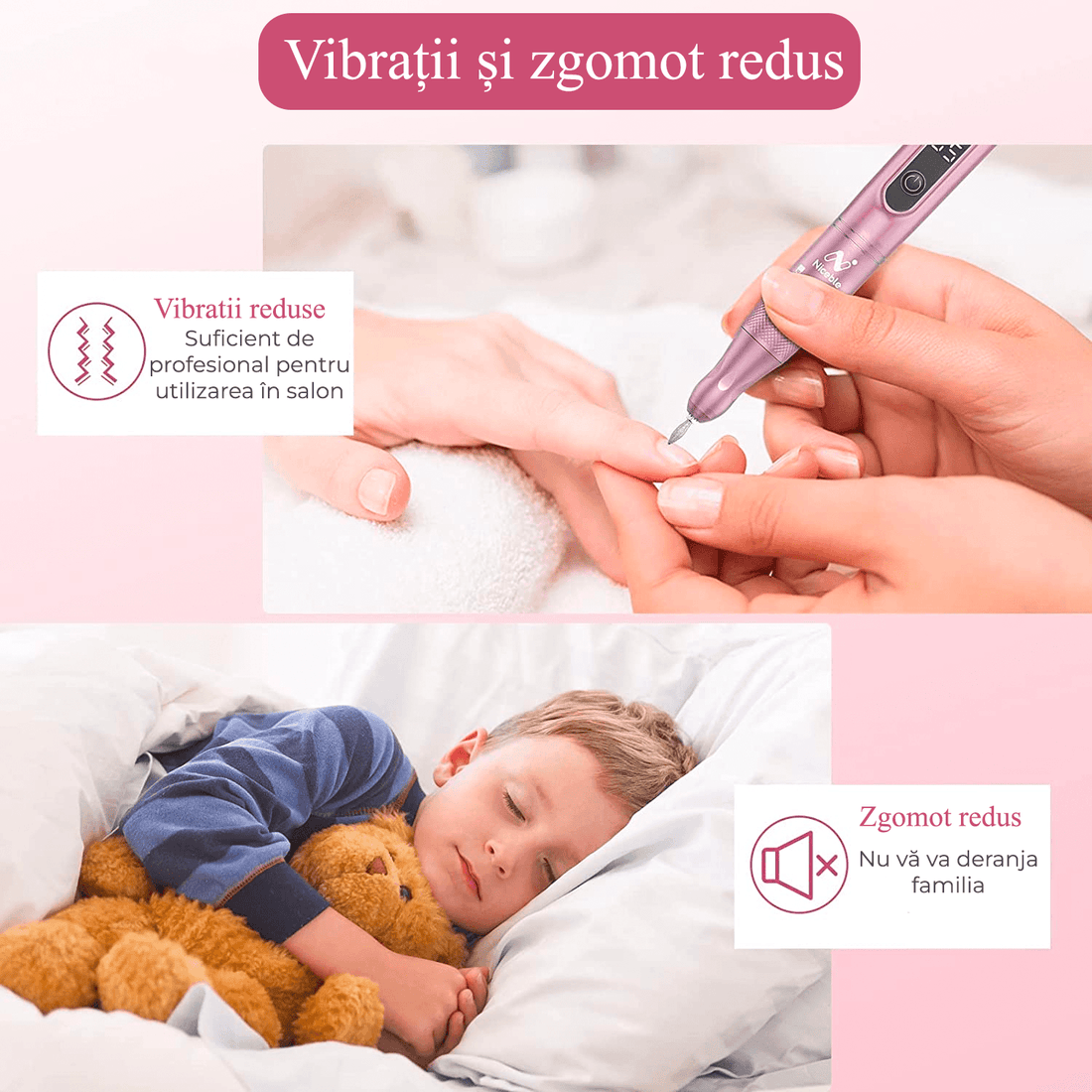 Freză unghii profesională wireless, 35.000 RPM, 11 capete, 6 benzi de șlefuire, roz deschis