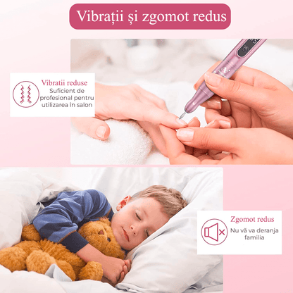 Freză unghii profesională wireless, 35.000 RPM, 11 capete, 6 benzi de șlefuire, roz deschis