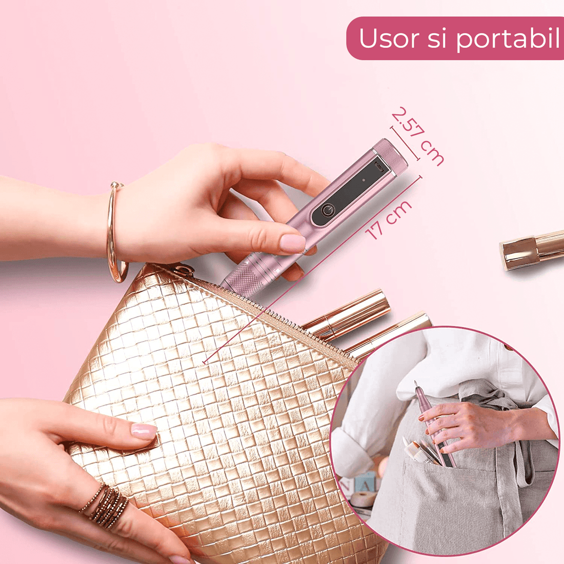 Freză unghii profesională wireless, 35.000 RPM, 11 capete, 6 benzi de șlefuire, roz deschis