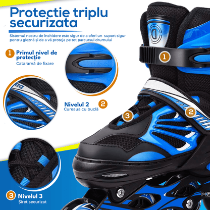 Role Reglabile L 38-41, Roți Luminoase Silicon, Rulmenți ABEC-7, Albastru