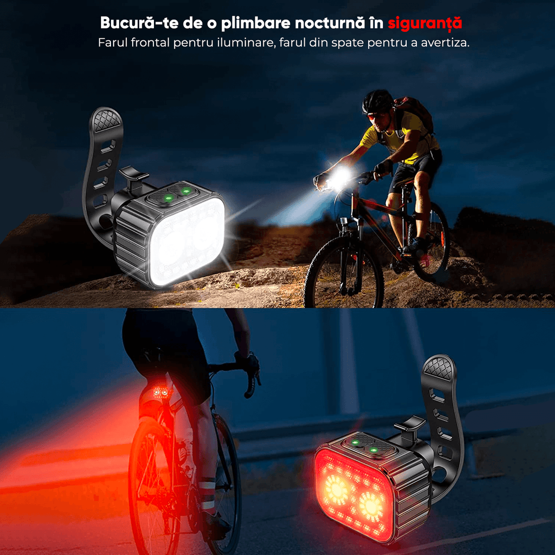 Set Lumini Bicicletă 21 LED-uri, 500 Lumeni, IPX6, USB Reîncărcabil 1100mAh, 4 Moduri, Alb/Roșu