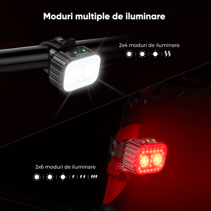Set Lumini Bicicletă 21 LED-uri, 500 Lumeni, IPX6, USB Reîncărcabil 1100mAh, 4 Moduri, Alb/Roșu