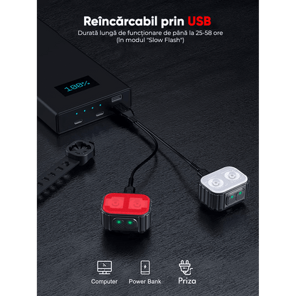 Set Lumini Bicicletă 21 LED-uri, 500 Lumeni, IPX6, USB Reîncărcabil 1100mAh, 4 Moduri, Alb/Roșu
