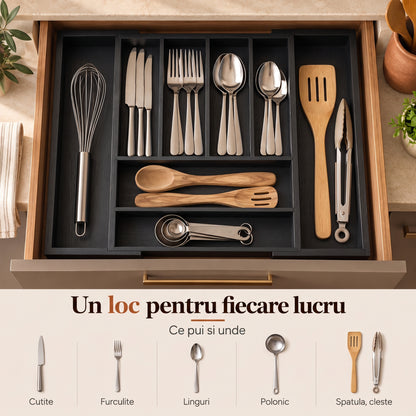 Organizator Elindor® pentru Tacamuri si Ustensile de Bucatarie, 9 Compartimente, Sertar Extensibil, Suport Ajustabil pentru Cutite, Linguri, Furculite, Accesorii Bucatarie, Separator Sertar, 33.7-50 x 45 x 5 cm, Negru