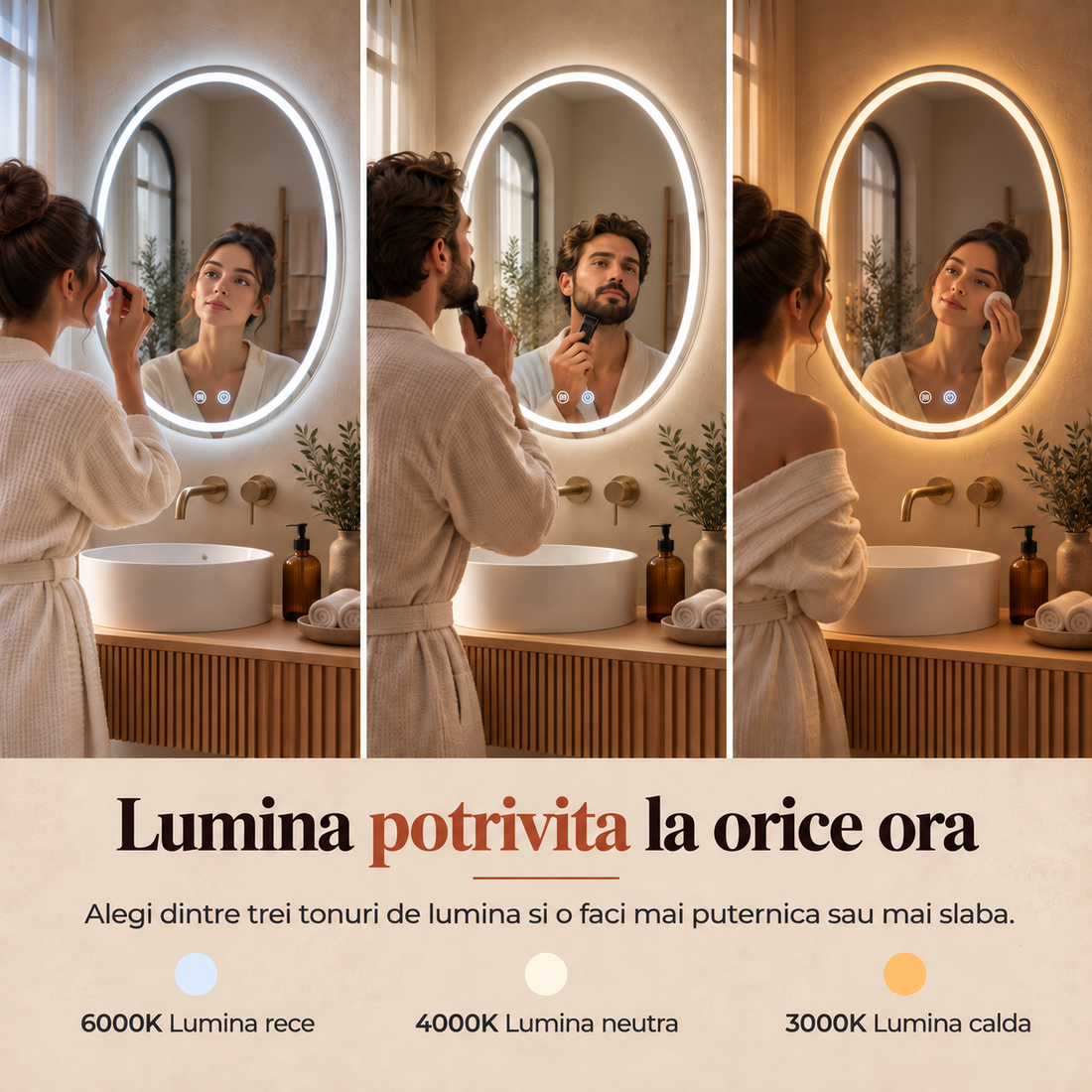 Oglinda de Perete Elindor® Antiaburire, Ovala, Montare pe Verticala, fara Rama, Ideala pentru Baie, Iluminare Led, Buton ON/OFF Luminat si Noaptea, Rezistenta la Umiditate IP44, 60 x 80 cm