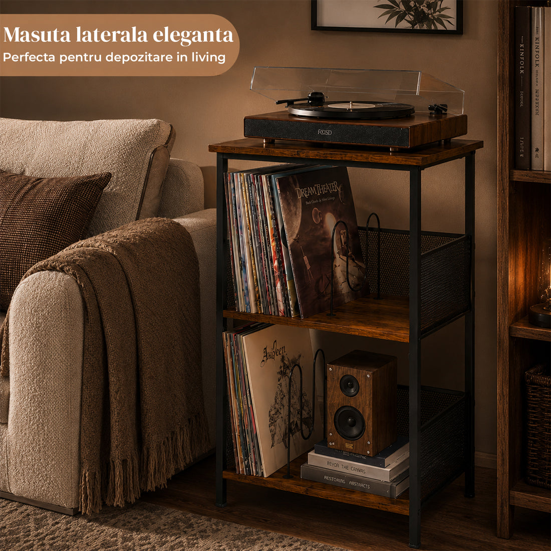 Raft Elindor® pe 3 Niveluri, pentru Depozitare Viniluri, Organizare Birou, Bar, Dulap Cadru Metalic, Organizator ca Etajera in Camara sau Birou, Perfect pentru Carti, Proiector, Pick-up, Stabil si Compact, Polita pentru Obiecte, 48 x 35 x 73 cm, Maro