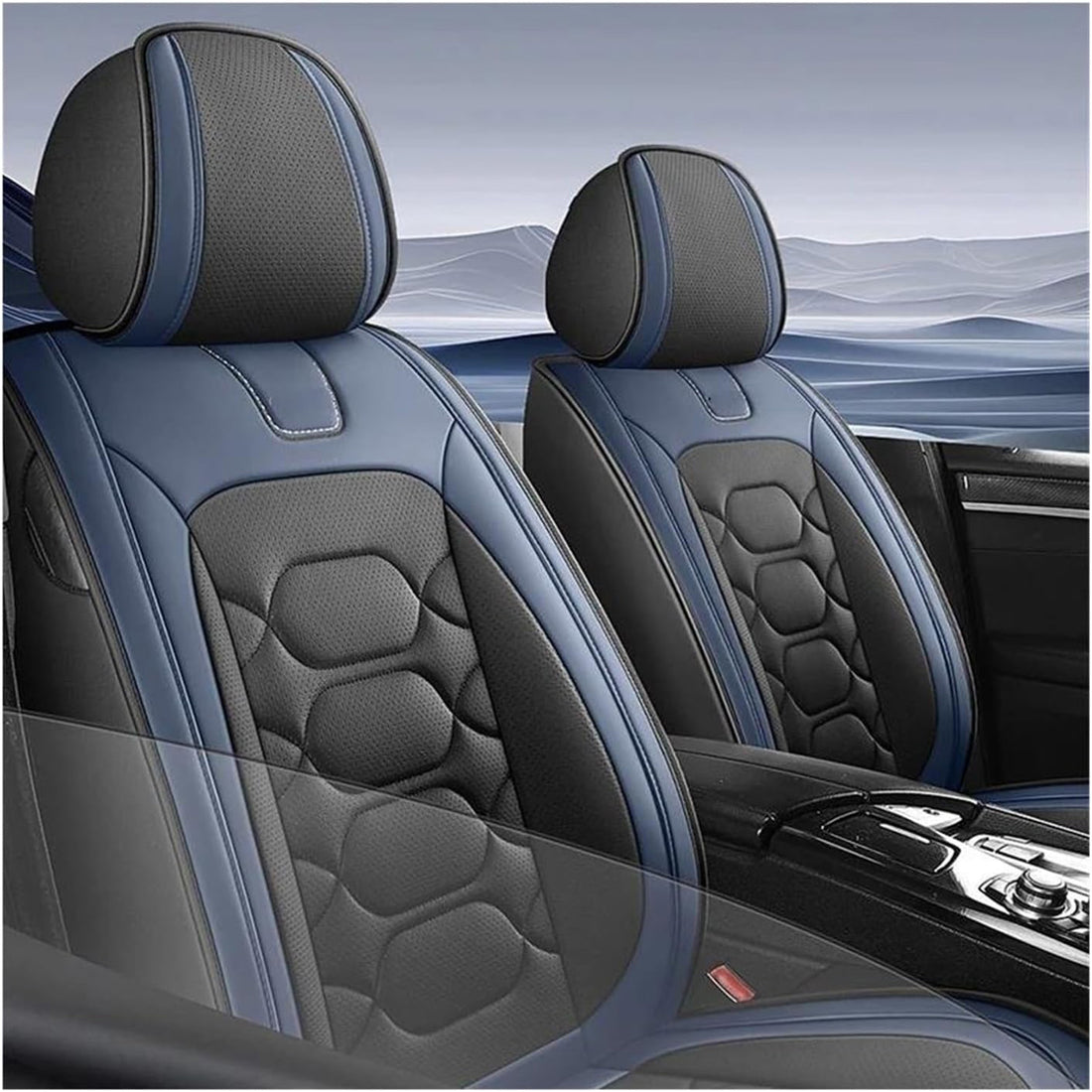 Set 2 Huse Scaune Auto Elindor® Universale, Acoperire 360°, Husa pentru Protectie Sezut si Spatar Scaun Fata, Impermeabila, Piele Ecologica, Accesorii Masina Huse Interior, Albastru