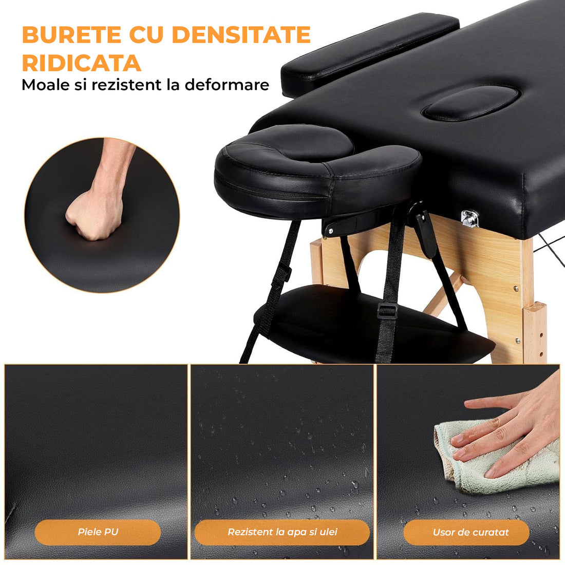 Masa de Masaj Elindor® cu Tetiera, Pliabila si Portabila, Universala, Usor de Transportat, Pat Cosmetica, Saltea Burete, Inaltime Reglabila 64-86 cm, Greutate Maxima Suportata 100 kg, Lemn/Piele ecologica, Negru