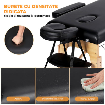 Masa de Masaj Elindor® cu Tetiera, Pliabila si Portabila, Universala, Usor de Transportat, Pat Cosmetica, Saltea Burete, Inaltime Reglabila 64-86 cm, Greutate Maxima Suportata 100 kg, Lemn/Piele ecologica, Negru