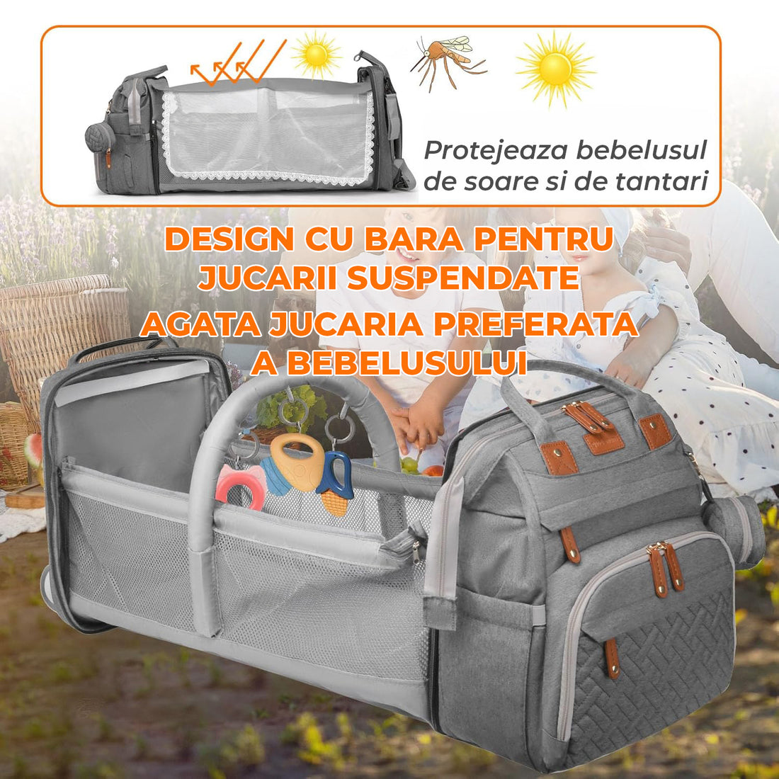 Geanta Scutece Elindor®, Rucsac pentru Bebelusi cu Masa de Schimbare Portabila, Port USB si 19 Buzunare Organizare, Material Oxford 900D Impermeabil, 43 × 30.5 × 24 cm, Gri