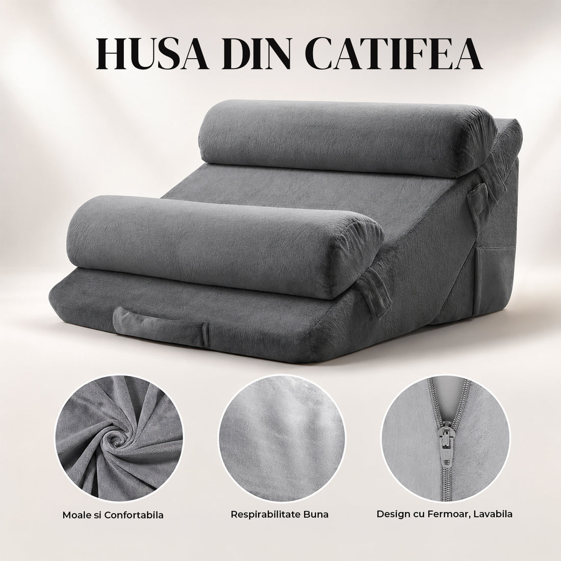 Perna Ergonomica Elindor®, Perna Wedge pentru Circulatie si Recuperare, Suport pentru Genunchi, Picioare si Trunchi, cu Spuma cu Memorie, Husa Textila, 56 × 56 × 30,5 cm, Gri