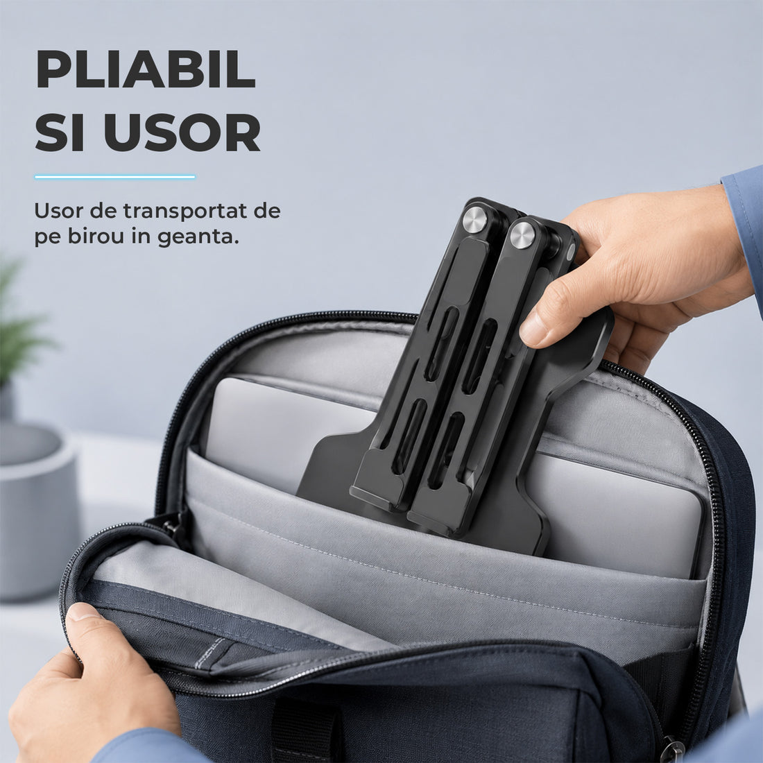 Suport Ergonomic Elindor® pentru Laptop si Tableta, Masa Portabila, Stand cu Baza Reglabila pe Inaltime, Universal, Baza Antiderapanta, Compatibil cu Laptopuri de 10-15.6 Inch, Ideal pentru Birou, Acasa, Calatorii, Negru