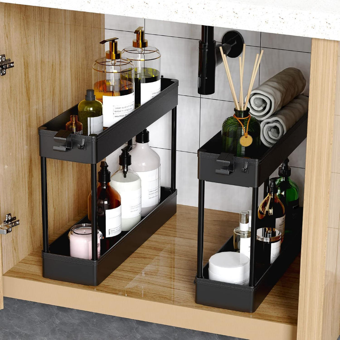 Carucior Organizator 4 Niveluri Elindor® Modular, cu Roti 360°, Organizator Bucatarie, Multifunctional, Raft Mobil Organizare Baie, Camara, Birou, Bar, 85 × 12.5 × 38.8 cm, Negru