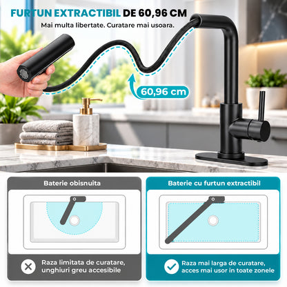 Baterie Chiuveta Baie Neagra Elindor® Robinet de Apa, Modern cu Pipa Extractibila, 4 Tipuri de Jet: Cascada, Delicat, Jet Puternic si Dus, Monocomanda, Rotativ 360°, pentru Bucatarie, Otel Inoxidabil SUS304, Finisaj Mat