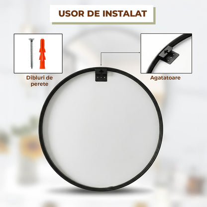 Oglinda Rotunda 70 cm Rama Neagra Elindor® Decorativa, Moderna si Eleganta, Reflexie HD, Sticla fara Distorsiuni, Ideala pentru Dormitor, Living, Birou, Dressing, Hol