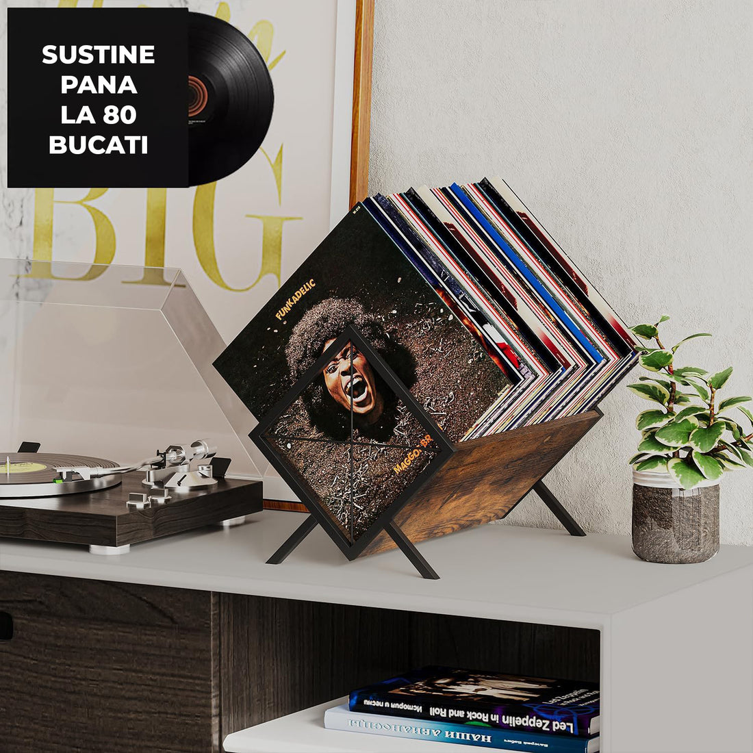 Suport Viniluri Elindor®, Organizator Discuri Vinyl 80-100 LP, Raft Metal si Lemn Stil Retro pentru Discuri, Reviste si Carti, 40 × 22 × 30.5 cm, Maro Rustic