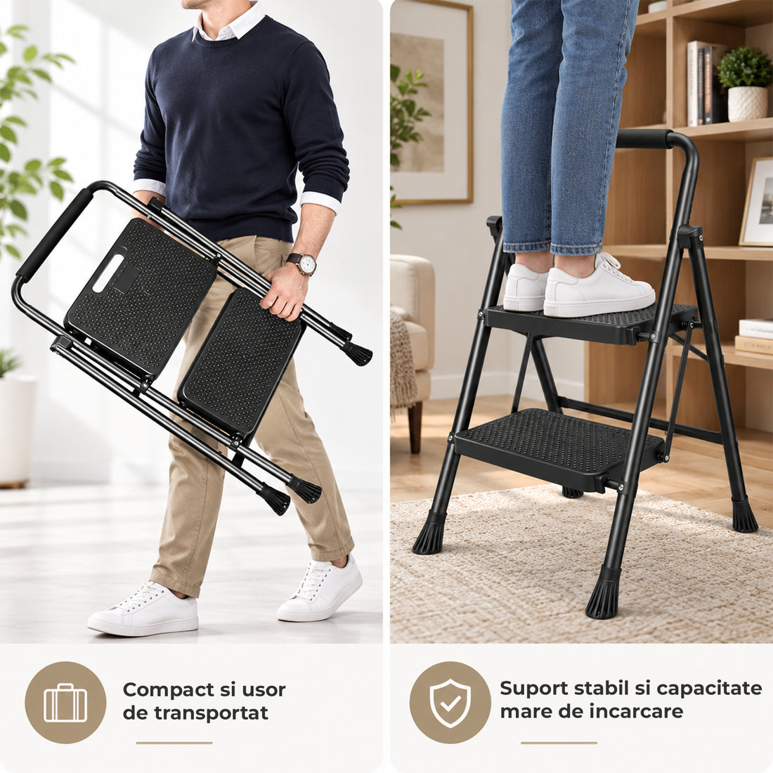 Scara Pliabila Metalica Elindor® cu 2 Trepte, Portabila, cu Pedale Late Antiderapante, Maner de Sprijin, Sistem de Blocare, Picioare Antialunecare, pentru Interior, Uz Casnic, Capacitate 150 kg, 46 x 45 x 80 cm, Negru