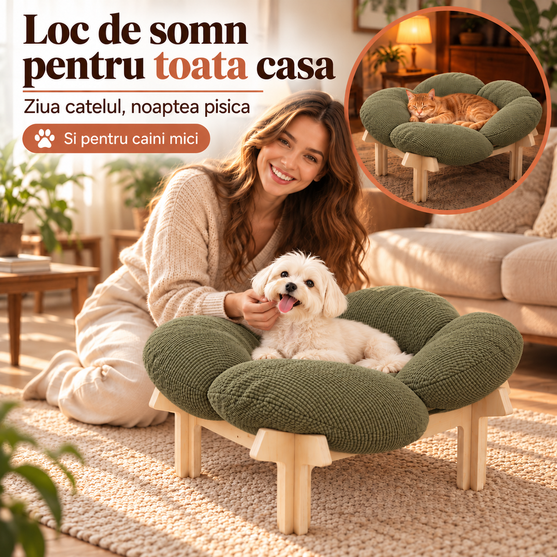 Pat Confortabil pentru Pisici Elindor® Elevat, Asimetric, Culcus Moale Antiderapant, Potrivit pentru Pisica de Talie Medie si Mare, Sustine pana la 18 kg, Ideal in Orice Anotimp, in Casa, 55 x 55 x 25 cm, Kaki