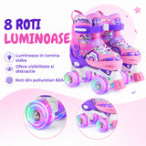 Role Reglabile Elindor® pentru Copii si Adulti, 4 Roti Luminoase din Silicon Quad, Rulmenti ABEC-7, Frana Fata, Aluminiu / Poliuretan, Patine cu Rotile pentru Fete, Baieti, Dama, Marimea M, 32-35, Mov / Roz