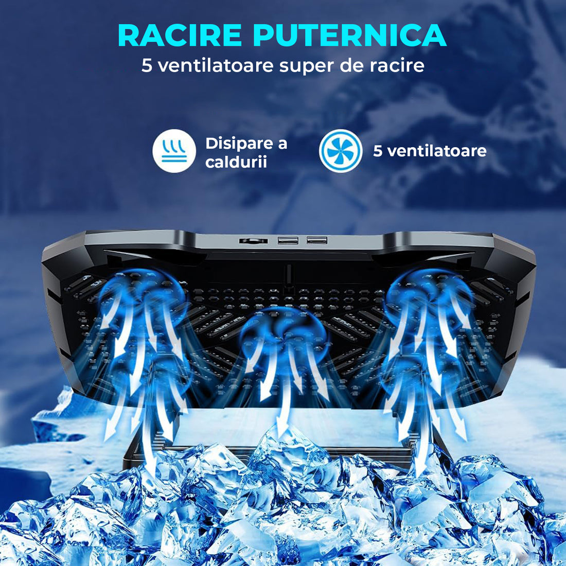 Cooler Laptop Gaming RGB Elindor® Suport cu Unghi Reglabil pe 5 Nivele, Viteza Ajustabila, Dimensiuni Compatabile 12-15.6 Inch, 5 Ventilatoare Puternice si Silentioase, 2 Porturi USB, Suport Telefon, pentru Birou, Calatorii, 36 × 25.5 × 2.7 cm, Negru