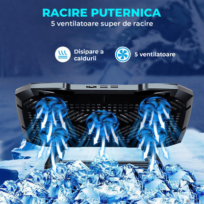 Cooler Laptop Gaming RGB Elindor® Suport cu Unghi Reglabil pe 5 Nivele, Viteza Ajustabila, Dimensiuni Compatabile 12-15.6 Inch, 5 Ventilatoare Puternice si Silentioase, 2 Porturi USB, Suport Telefon, pentru Birou, Calatorii, 36 × 25.5 × 2.7 cm, Negru