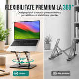 Suport Laptop si Tableta Elindor®, Masa Ergonomica Reglabila si Portabila, Stand Universal cu Baza Rotativa 360°, Antiderapanta, Compatibil 10–15.5 Inch, Ideal pentru Birou, Acasa si Calatorii, Negru