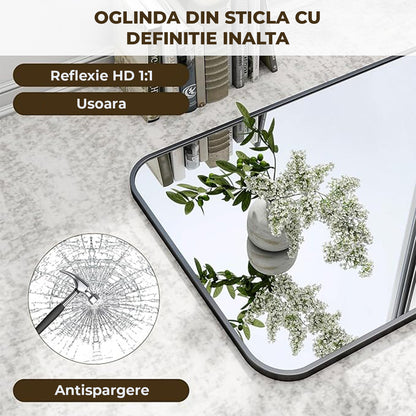 Oglinda Decorativa 90x60 cm Elindor® Agatare pe Perete sau Sprijinita, Rama Neagra, Dreptunghiulara, Colturi Rotunjite, Moderna si Eleganta, Reflexie HD, Sticla fara Distorsiuni, Ideala pentru Dormitor, Living, Birou, Dressing, Hol, Baie