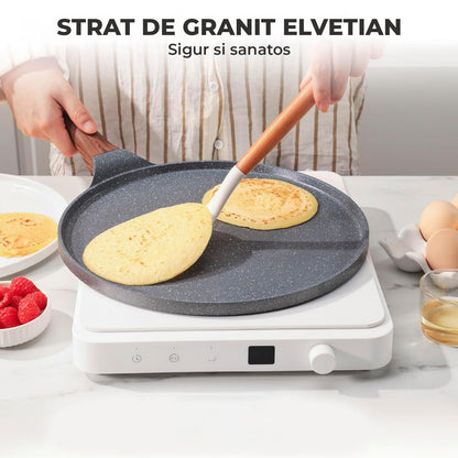 Tigaie de Clatite Elindor®, 26 cm, Invelis Granit Elvetian Antiaderent, Compatibila Inductie, PFOA Free, 26 × 46 × 1.4 cm, Negru