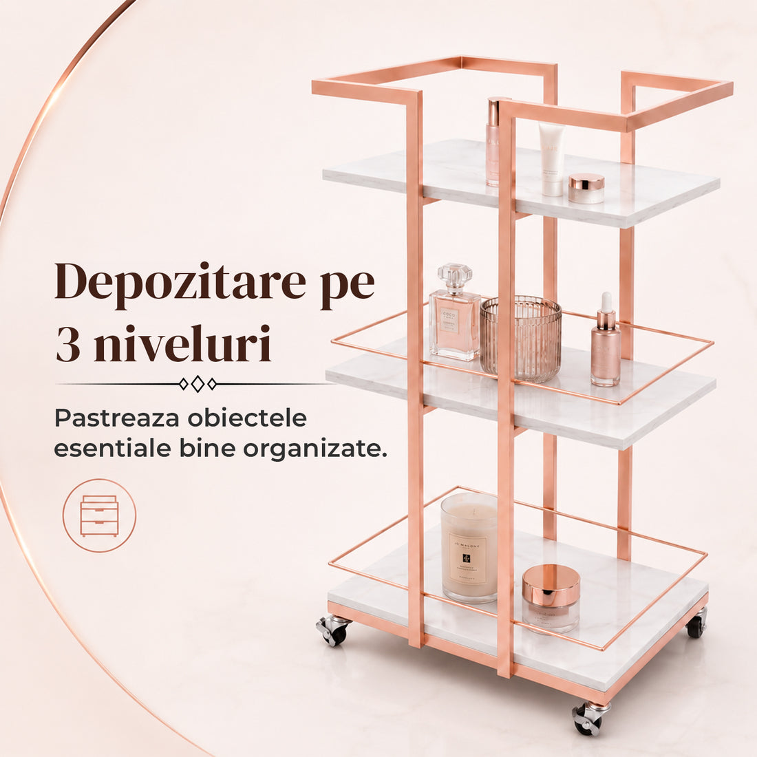 Carucior Organizator 3 Niveluri Elindor® , cu Roti 360°, Organizator Baie, Multifunctional, Raft Mobil Organizare Salon, Bucatarie, Camara, Birou, Bar, 76 x 33 x 43 cm, Rose Gold