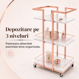 Carucior Organizator 3 Niveluri Elindor® , cu Roti 360°, Organizator Baie, Multifunctional, Raft Mobil Organizare Salon, Bucatarie, Camara, Birou, Bar, 76 x 33 x 43 cm, Rose Gold