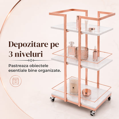 Carucior Organizator 3 Niveluri Elindor® , cu Roti 360°, Organizator Baie, Multifunctional, Raft Mobil Organizare Salon, Bucatarie, Camara, Birou, Bar, 76 x 33 x 43 cm, Rose Gold