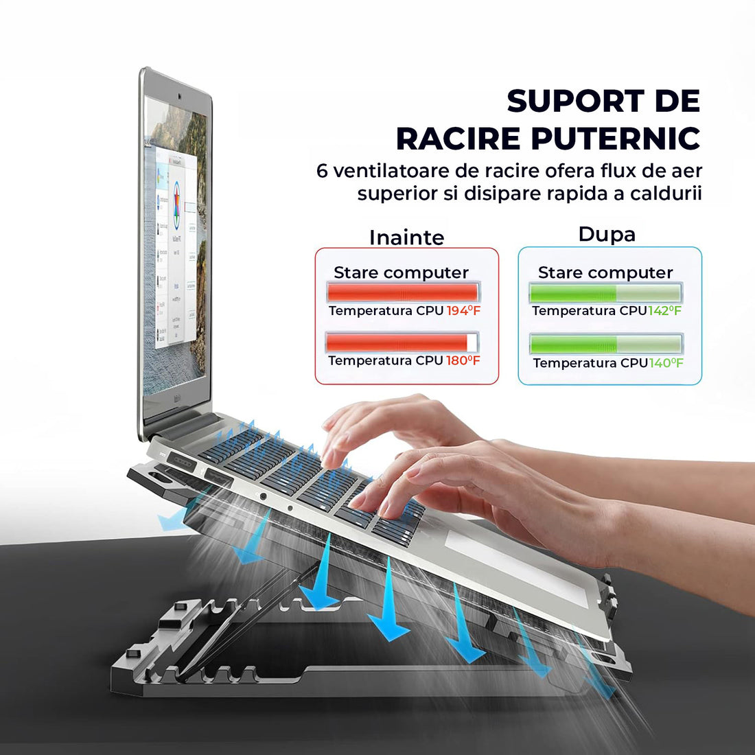 Cooler Laptop Gaming RGB Elindor® Suport cu Unghi Reglabil pe 6 Nivele, Dimensiuni Compatabile 13-15.6 Inch, 6 Ventilatoare Puternice si Silentioase 25dB, Viteza Ajustabila, 2 Porturi USB, pentru Birou, Calatorii, 41.6 x 28.5 x 2.8 cm, Negru