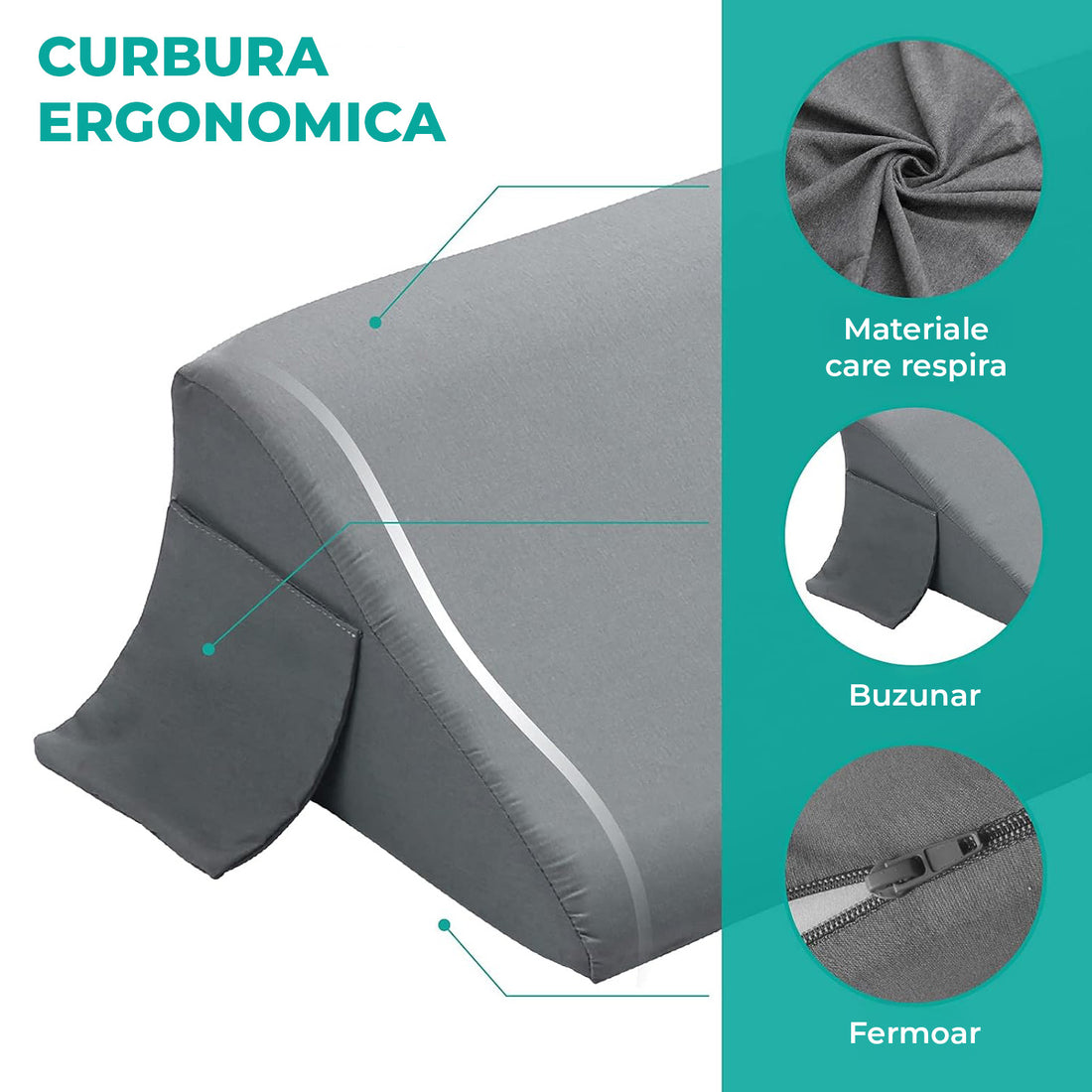 Perna Ortopedica Triunghiulara Elindor® pentru Pat, Perna din Spuma Densa, Suport Spate, Cap, Post-Operator, Anti-Reflux, Antisforait, Antirid, Husa Detasabila cu Fermoar, 96 x 25 x 15 cm, Gri
