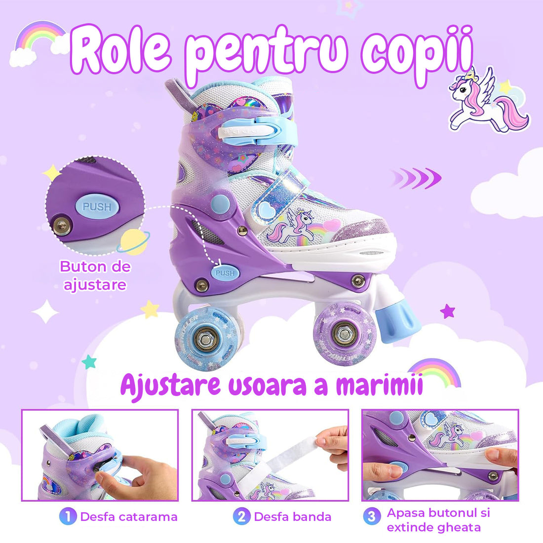 Role Reglabile Elindor® pentru Copii si Adulti, 4 Roti Luminoase din Silicon Quad, Rulmenti ABEC-7, Frana Fata, Aluminiu / Poliuretan, Patine cu Rotile pentru Fete, Baieti, Dama, Marimea S, 28-31, Mov