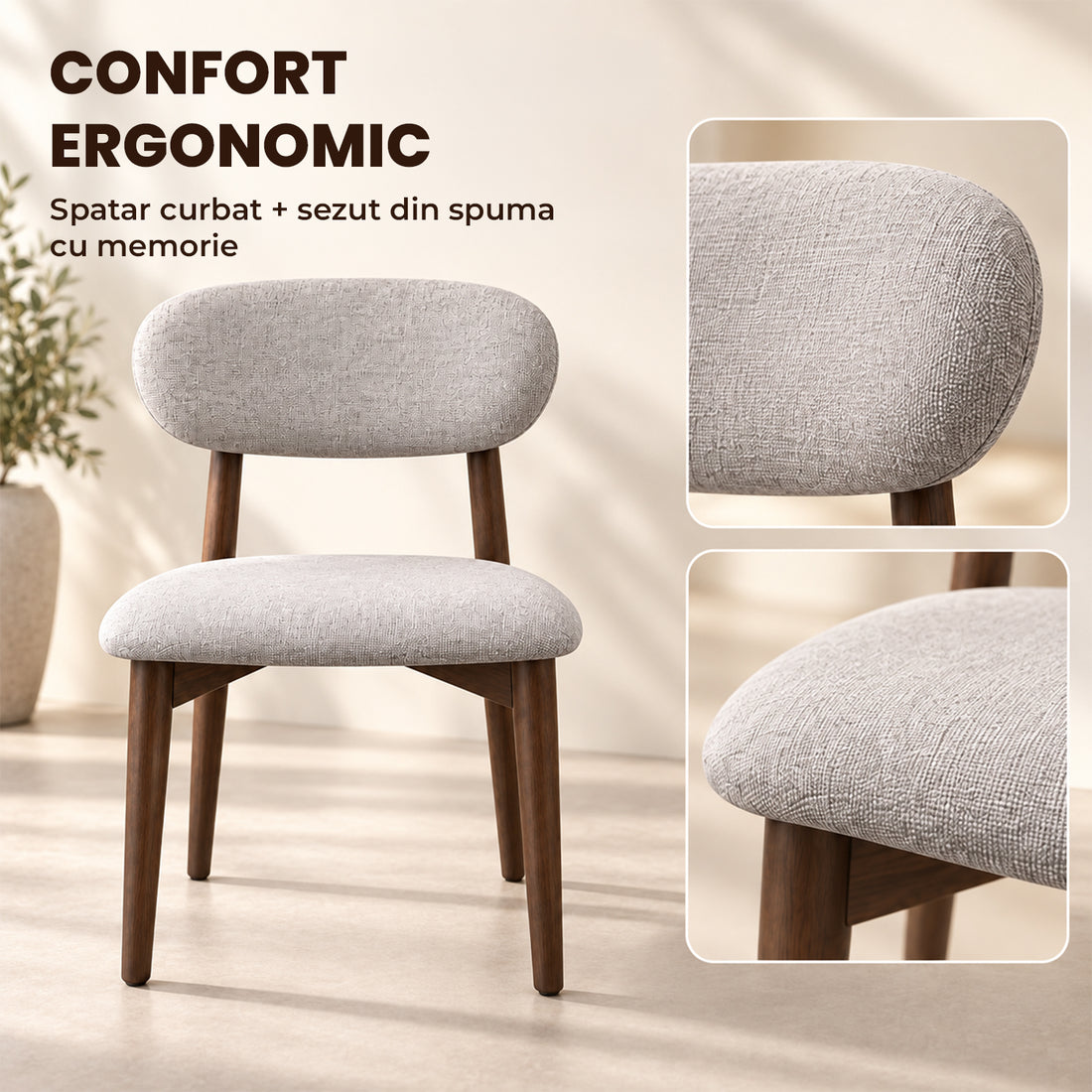 Set 2 Scaune Elindor® Ergonomice, Design Contemporan, Scaun cu Spatar si fara Manere, din Bumbac si In cu Picioare Maro Inchis, Potrivite pentru Living, Bucatarie, Birou, Dormitor, Gri Deschis