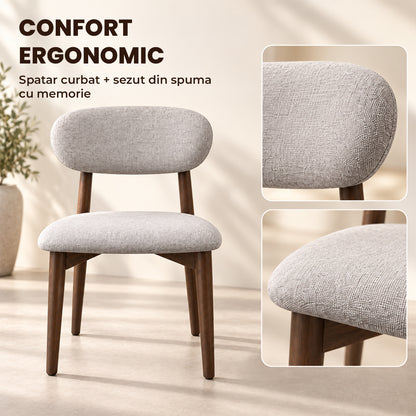 Set 2 Scaune Elindor® Ergonomice, Design Contemporan, Scaun cu Spatar si fara Manere, din Bumbac si In cu Picioare Maro Inchis, Potrivite pentru Living, Bucatarie, Birou, Dormitor, Gri Deschis