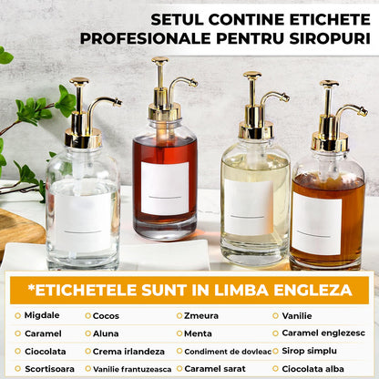 Set 4 Dispensere Sirop Cafea Elindor® din Sticla cu Pompa Aurie Inox si Plastic, Organizator Bucatarie, Organizatoare Sertar, Recipient 500 ml, 22 × 8.1 cm, Transparent