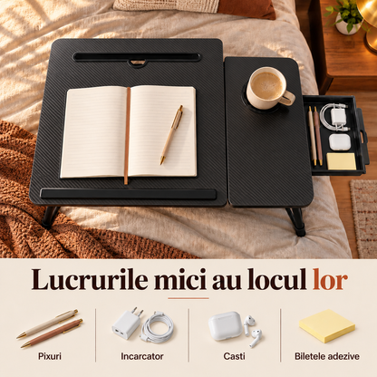 Masa Pliabila pentru Laptop Elindor® cu Suport Pahar, Antiderapanta, Unghiuri de Inclinare, Usor de Depozitat, Birou Portabil Utilizare in Orice Loc, Ideala la Munca sau Mic Dejun la Pat, Negru