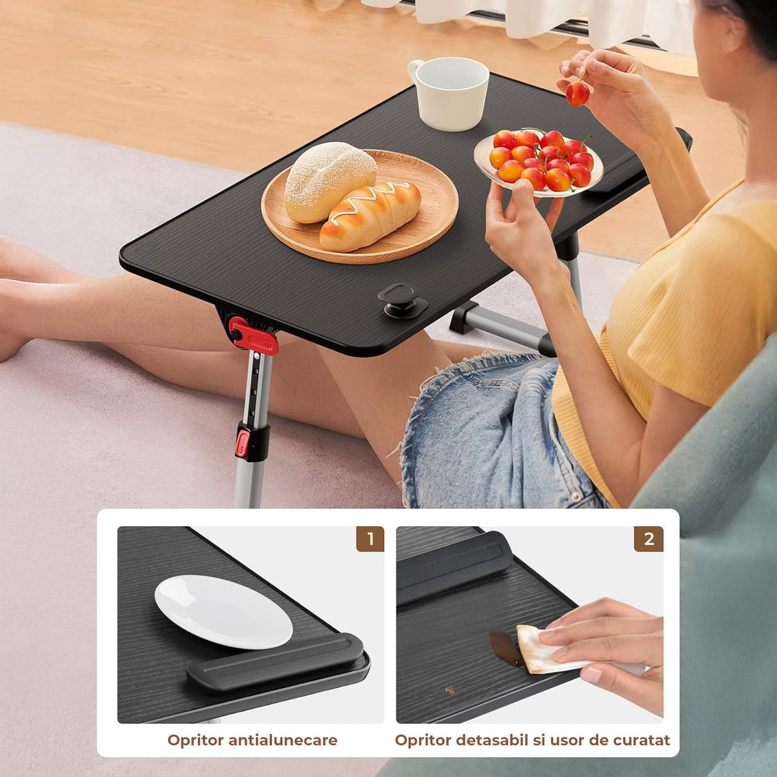 Masa Pliabila pentru Laptop Elindor® Antiderapanta, 4 Unghiuri de Inclinare, 5 Niveluri Inaltime, Birou Portabil Utilizare in Orice Loc, Ideala la Munca sau Mic Dejun la Pat, 60 × 33 × 24 cm, Negru