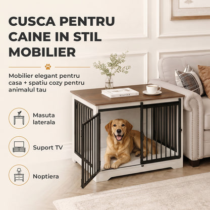 Cusca pentru Animale Elindor® Tip Mobila, Potrivita pentru Caini de Talie Medie, Utilizare in Interior, cu 2 Usi, o Usa Glisanta, Baza Solida, Marime L, 100 x 60 x 68 cm, Alb / Maro