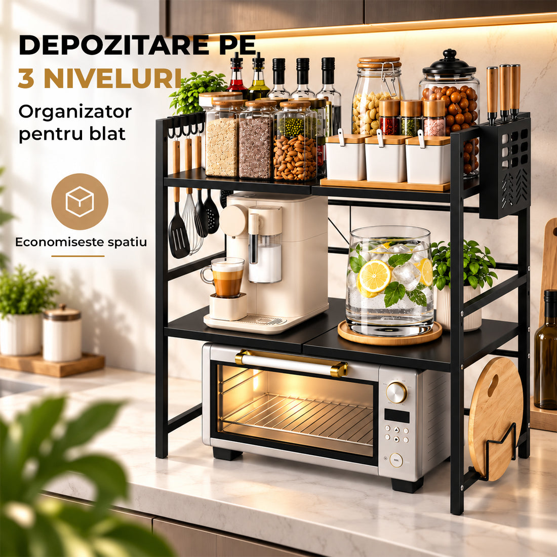 Raft Extensibil Elindor® pe 2 Niveluri, din Otel Carbon, pentru Bucatarie, Organizator Metalic Reglabil, Ideal ca Etajera Depozitare in Camara, Perfect pentru Condimente, Polita Vesela, Farfurii, 40-64 x 36 x 79 cm, Negru