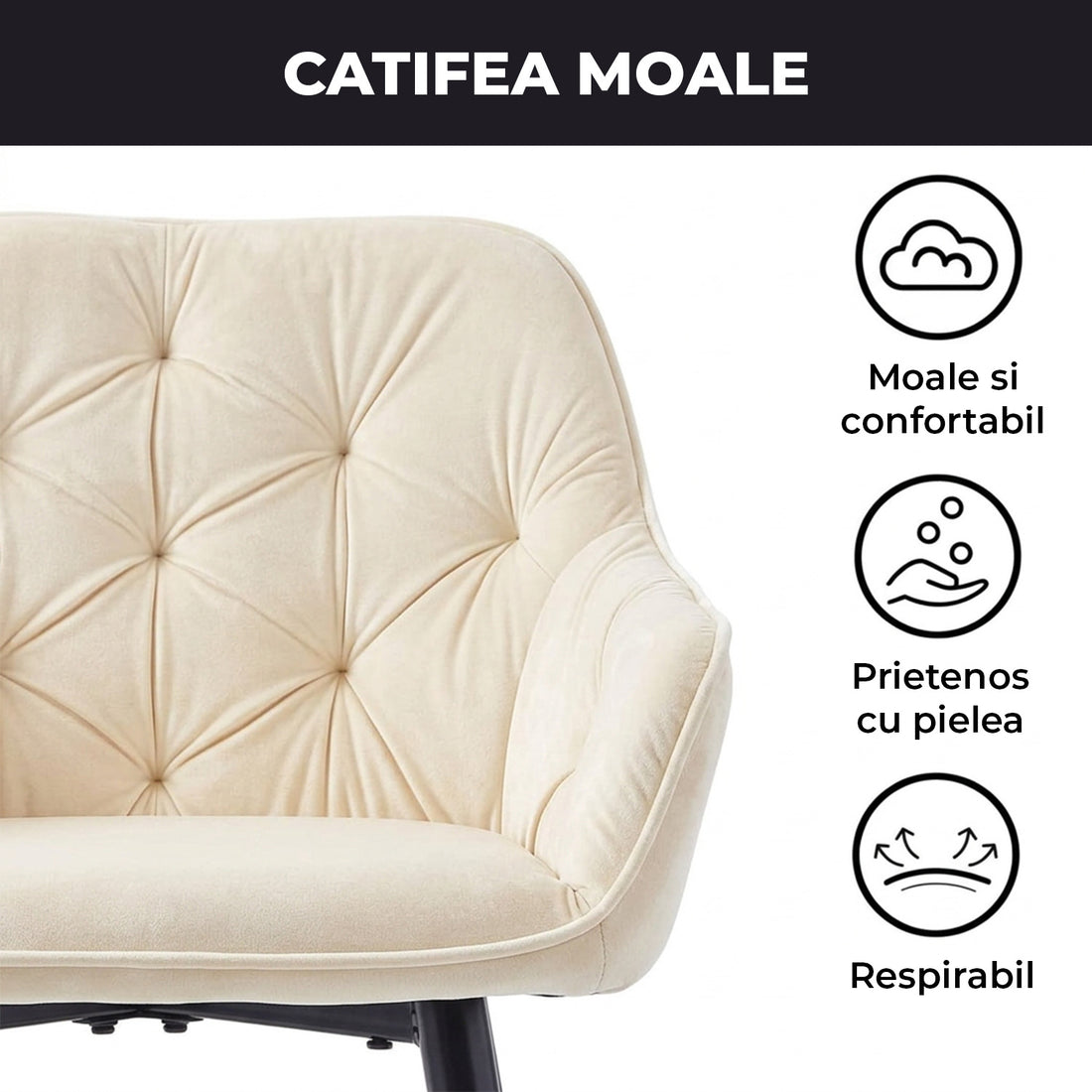 Set 2 Scaune Elindor® Ergonomice, Design Contemporan, Scaun cu Spatar si cu Manere, din Catifea cu Picioare Metalice Negre, Potrivite pentru Living, Bucatarie, Birou, Dormitor, 85 × 60 × 50 cm, Bej