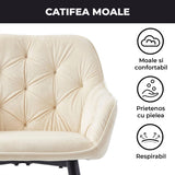 Set 2 Scaune Elindor® Ergonomice, Design Contemporan, Scaun cu Spatar si cu Manere, din Catifea cu Picioare Metalice Negre, Potrivite pentru Living, Bucatarie, Birou, Dormitor, 85 × 60 × 50 cm, Bej