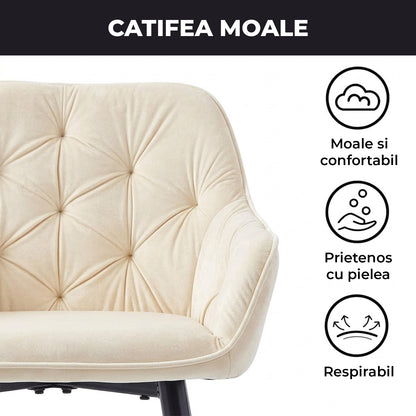 Set 2 Scaune Elindor® Ergonomice, Design Contemporan, Scaun cu Spatar si cu Manere, din Catifea cu Picioare Metalice Negre, Potrivite pentru Living, Bucatarie, Birou, Dormitor, 85 × 60 × 50 cm, Bej