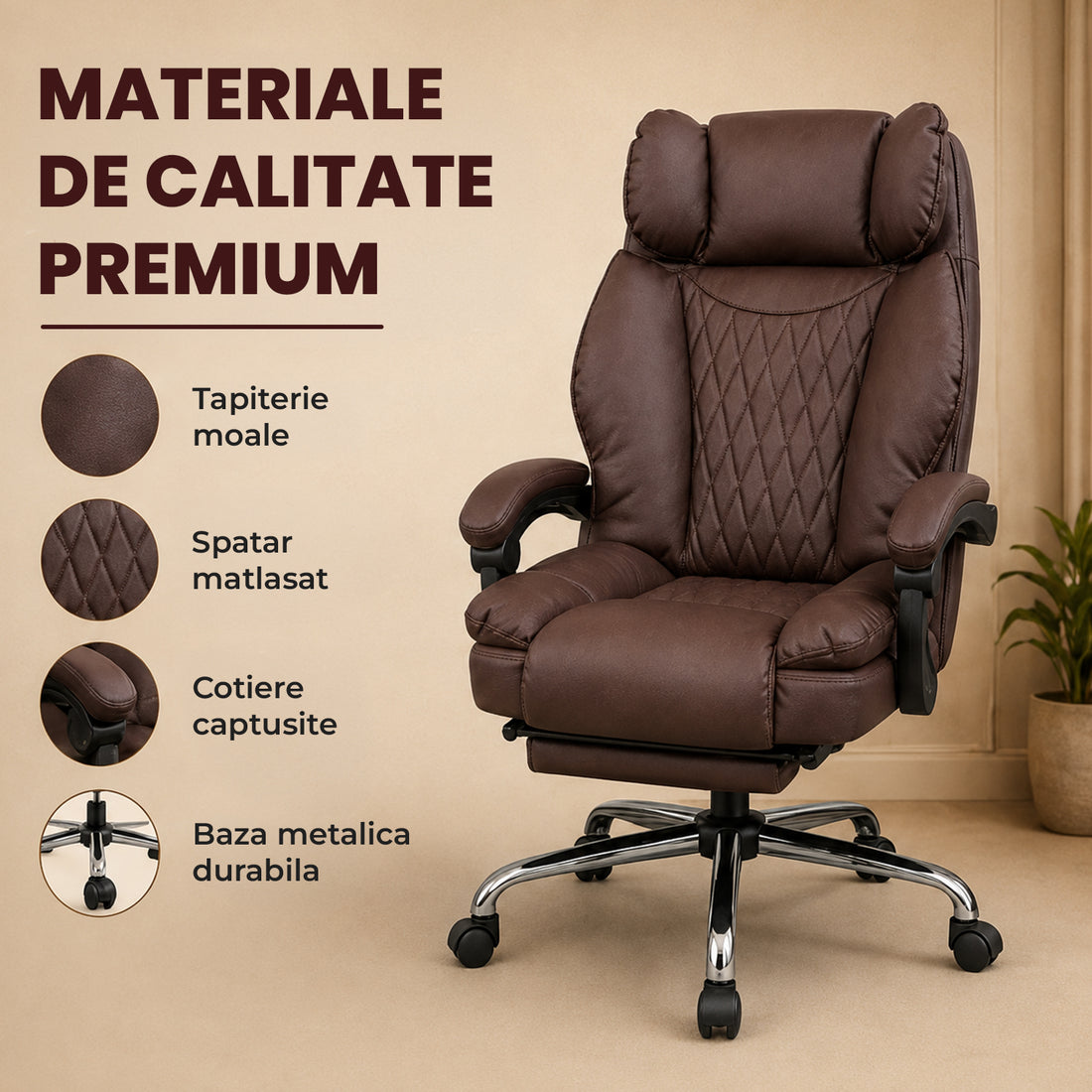 Scaun de Birou Elindor® Ergonomic, Design Contemporan, Scaun cu Spatar si Manere, din Piele PU cu Suport pentru Picioare si Lombar, cu Roti, Inaltime Reglabila 119 - 126.5 cm, Maro Inchis
