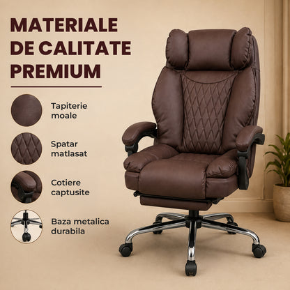 Scaun de Birou Elindor® Ergonomic, Design Contemporan, Scaun cu Spatar si Manere, din Piele PU cu Suport pentru Picioare si Lombar, cu Roti, Inaltime Reglabila 119 - 126.5 cm, Maro Inchis