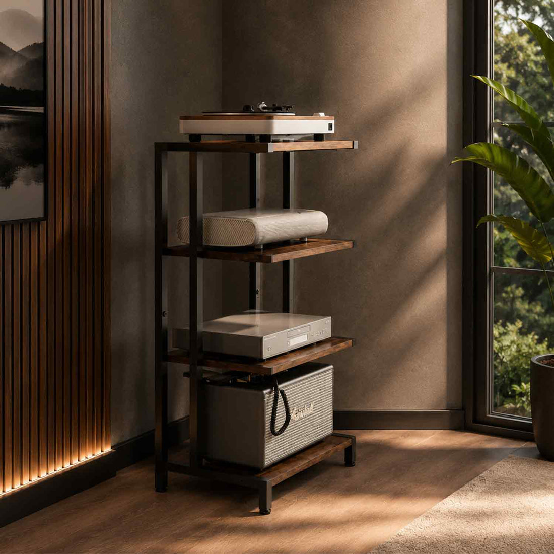 Raft Elindor® pe 4 Niveluri, Rafturi pentru Depozitare, Organizare Birou, Bar, Dulap Cadru Metalic, Organizator Ideal ca Etajera in Camara sau Birou, Perfect pentru Carti, Proiector, Stabil si Compact, Polita pentru Obiecte, 41 x 27 x 81 cm, Maro Rustic