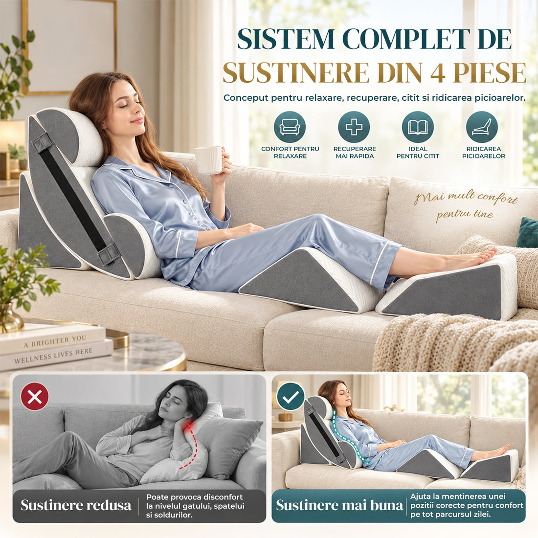 Set 6 Perne Ortopedice Elindor® Wedge pentru Pat, Perna Spuma cu Memorie, Hipoalergenica, Suport Spate, Picioare, Genunchi, Post-Operator, Anti-Reflux, Antisforait, Antirid, Pliabile, Huse Bumbac Aspect Catifea, Reglabile 60 cm, Alb/Gri