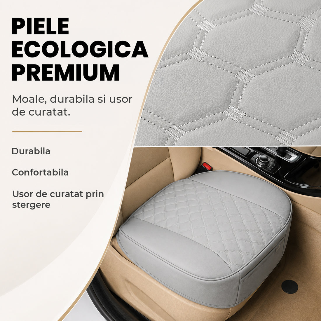 Husă Auto Universală 54 x 53 cm, Piele PU Matlasată, Anti-Alunecare, Design Elegant cu Buzunar de Depozitare, Gri
